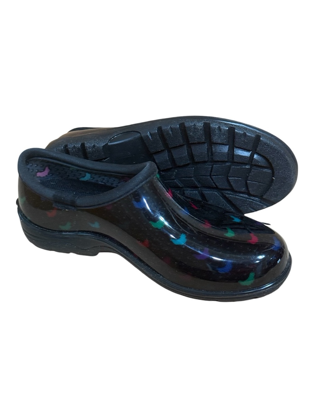 Women’s black Chick Print Rain Clogs, Black garden shoes, Women’s garden Shoes